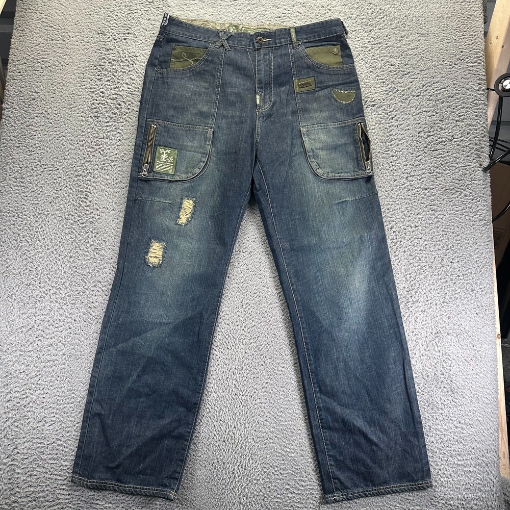LRG Jeans Mens 38x34 Blue Cotton Denim Straight Baggy Faded Classic Fit Workwear